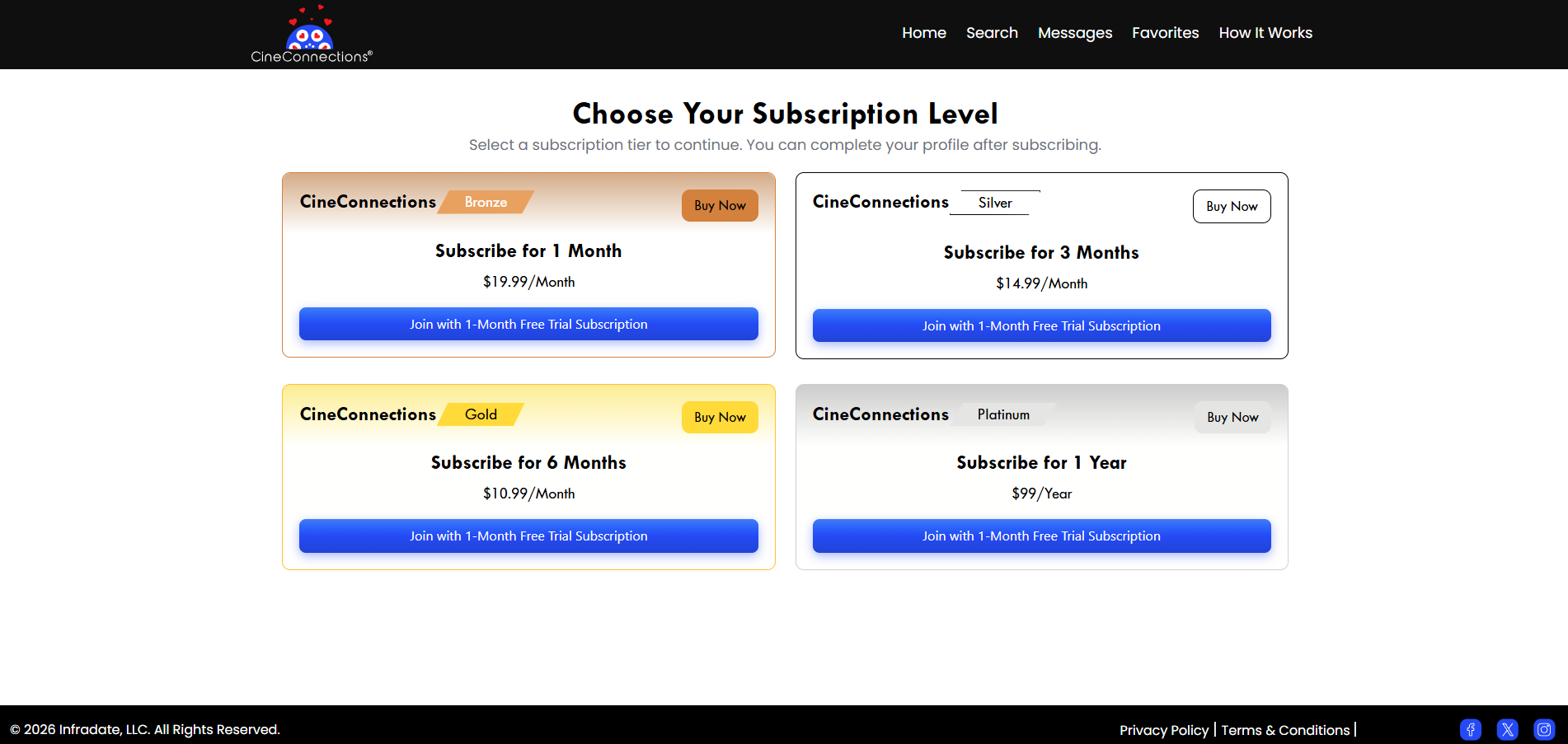 CineConnections® 1-month free trial subscription tiers